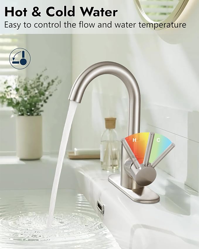 Midanya Single Hole Bathroom Faucet 1 Hole Bar Sink Faucet Suitable for Kitchen RV Vanity,304 Stainless Steel 360° Swivel Spout with Deck Plate and Pop-up Drain,Brushed Nickel