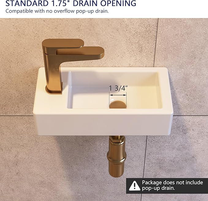 Small Bathroom Sink DeerValley, 15"x7" Mini Rectangle Wall Mount Vessel Sink for Bathroom Powder Room Cloakroom, Floating Space Saving Design, Easy to Clean White Ceramic Wash Basin (Left Hand)
