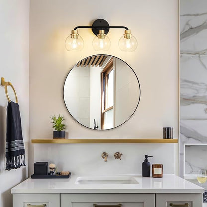3 Light Bathroom Vanity Light, Black and Gold Bathroom Light Fixtures | with Clear Glass Shade Modern Wall Sconces Lighting Bath Wall Lights Lamp for Mirror Kitchen Living Room Bedroom Hallway