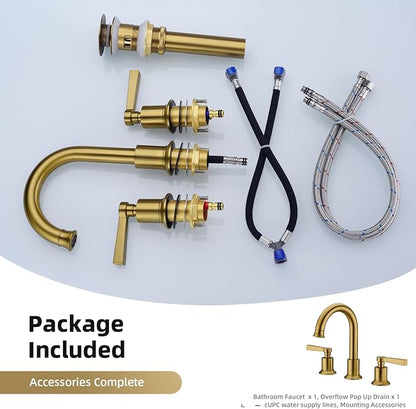 TRUSTMI 2 Handle 8 Inch Widespread Bathroom Faucet Brass Lavatory Vanity Sink Faucet with Metal Overflow Pop Up Drain and cUPC Water Supply Lines, Brushed Brass Gold