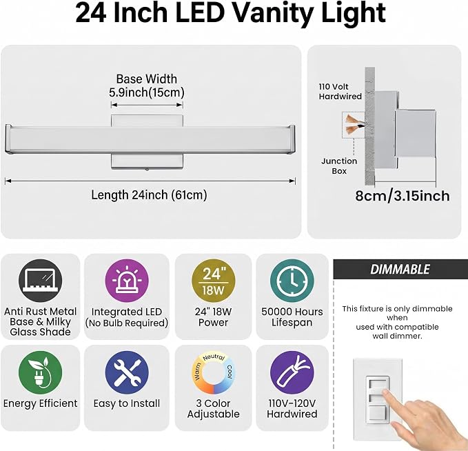 URSOLA 24" Modern LED Bathroom Light Fixtures, Chrome 3CCT Dimmable Bathroom Vanity Light Over Mirror, Bathroom Vanity Bath Bar Lights with Double Layer Acrylic Shade
