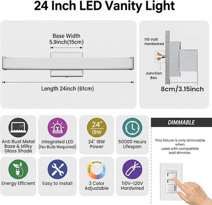 URSOLA 24" Modern LED Bathroom Light Fixtures, Chrome 3CCT Dimmable Bathroom Vanity Light Over Mirror, Bathroom Vanity Bath Bar Lights with Double Layer Acrylic Shade
