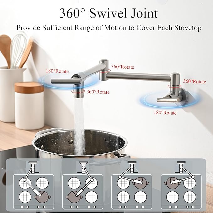 Pot Filler Faucets - for Kitchen, Sink, Stove and Bar with Brass Wall Mount Double Joint Swing Arms - Leak Free Designs with High-Flow Aerators - Retractable and Folding Save Space - Brushed Nickel