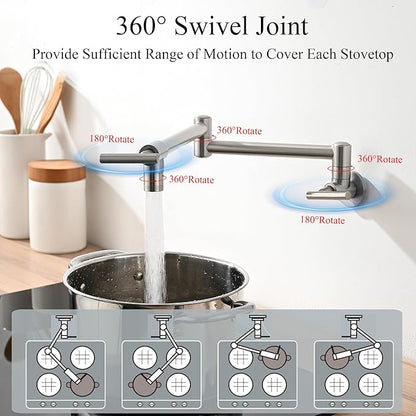 Pot Filler Faucets - for Kitchen, Sink, Stove and Bar with Brass Wall Mount Double Joint Swing Arms - Leak Free Designs with High-Flow Aerators - Retractable and Folding Save Space - Brushed Nickel