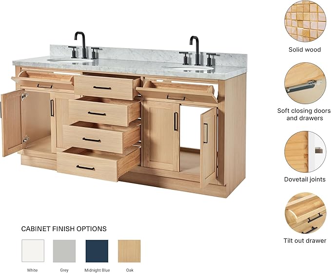 ARIEL Hepburn 72-inch Bathroom Vanity with Sink,Solid Wood, 1.5-inch Italian Carrara Marble Countertop & Backsplash, Double Oval Porcelain Sink, 4 Soft Closing Doors, 6 Dovetail Drawers, White Oak