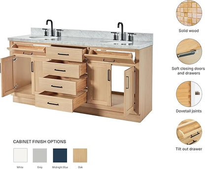 ARIEL Hepburn 72-inch Bathroom Vanity with Sink,Solid Wood, 1.5-inch Italian Carrara Marble Countertop & Backsplash, Double Oval Porcelain Sink, 4 Soft Closing Doors, 6 Dovetail Drawers, White Oak