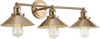 JONATHAN Y 26.5" Brass Gold 3-Light Industrial Farmhouse Metal Vanity Light Wall Sconce, Metal Shade for Bathroom Mirror, Kitchen, Entryway, LED Bulb Included (JYL7431A)