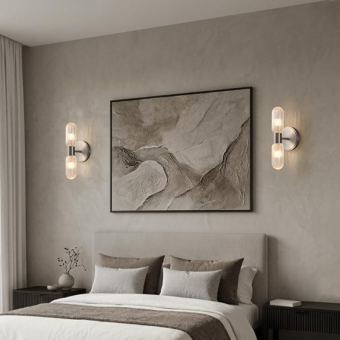 Brushed Nickel Wall Sconces 12.3in Knurled Glass Wall Light, Brass Material | 2-Light Wall Lights for Bathroom Bedroom Hallway Bathroom Vanity Mirror Entrance, Hardwired, bulb included