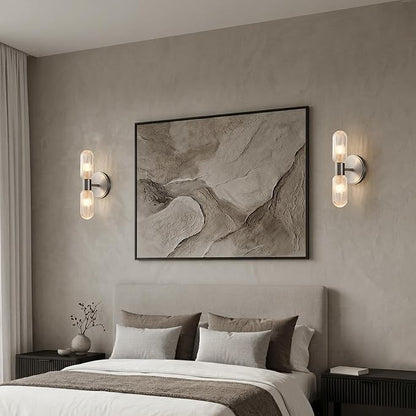 Brushed Nickel Wall Sconces 12.3in Knurled Glass Wall Light, Brass Material | 2-Light Wall Lights for Bathroom Bedroom Hallway Bathroom Vanity Mirror Entrance, Hardwired, bulb included