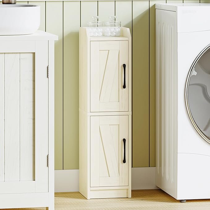 Bathroom Storage Cabinet, Small Corner Floor Cabinet with Door and Shelves, Narrow Bathroom Organizer and Paper Storage with Adjustable Shelves, for Small Spaces, Rustic White BC27014X