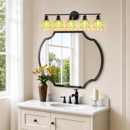 Bathroom Light Fixtures, 5-Light Brushed Black Vanity Lights for Bathroom with Green Tulip Glass Shade, 30" Vintage Bathroom Vanity Lighting Fixtures Over Mirror for Bedroom Living Room Hallway