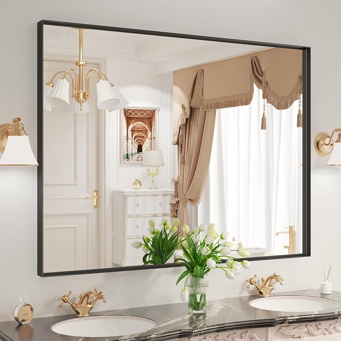 LOAAO Black Bathroom Mirror 48"X36" | Tempered Glass, Hangs Vertically or Horizontally, Easy to Install, Modern Design