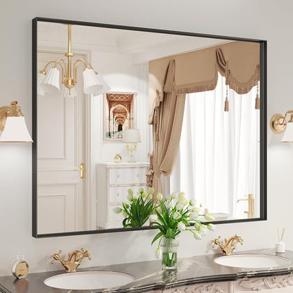 LOAAO Black Bathroom Mirror 48"X36" | Tempered Glass, Hangs Vertically or Horizontally, Easy to Install, Modern Design