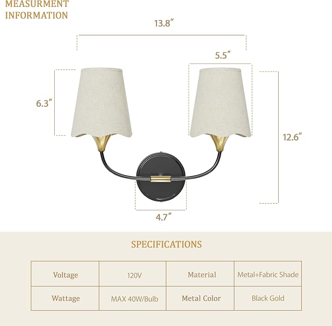 Morauroral Bathroom Light Fixtures Over Mirror, 2 Light Vanity Light for Bathroom, Black Gold Vanity Light Fixtures with Fabric Linen Shade, E26 Socket Sconce Wall Decor(ETL Listed)