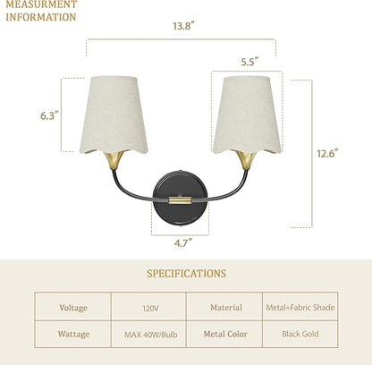Morauroral Bathroom Light Fixtures Over Mirror, 2 Light Vanity Light for Bathroom, Black Gold Vanity Light Fixtures with Fabric Linen Shade, E26 Socket Sconce Wall Decor(ETL Listed)