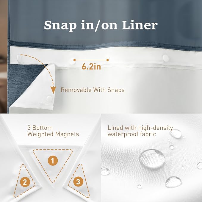 72x81 Ringless Linen Textured Shower Curtain with Snap in Liner, Blue | Tall Size, 3 in 1 Shower Curtain Set, Removable Liner, Waterproof & Washable, Mesh Top Window, Durable Fabric, Easy Setup