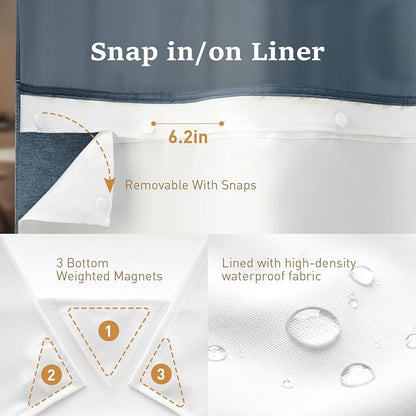 72x81 Ringless Linen Textured Shower Curtain with Snap in Liner, Blue | Tall Size, 3 in 1 Shower Curtain Set, Removable Liner, Waterproof & Washable, Mesh Top Window, Durable Fabric, Easy Setup