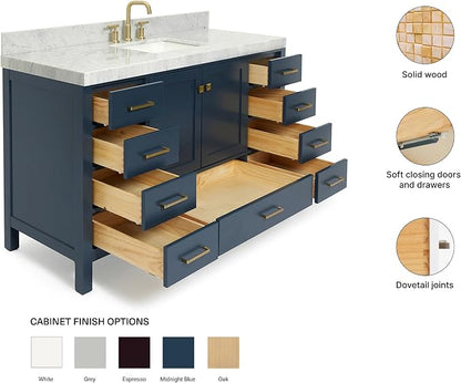 ARIEL Cambridge 60-inch Bathroom Vanity with Sink,Solid Wood, 2-inch Italian Carrara Marble Countertop, Single Rectangular Porcelain Sink, 2 Soft Closing Doors, 9 Dovetail Drawers, Midnight Blue