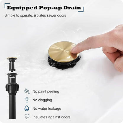 Brushed Gold 3 Hole Bathroom Faucet, 4-16 Inch Widespread Waterfall Faucet for Bathroom Sink with Pop-up Drain, Supply Water Hose and 2 Handle for Vanity, Brass