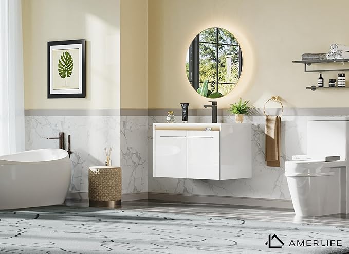 AMERLIFE 31" LED Floating Bathroom Vanity with Single Sink, Modern High Gloss Wall Mounted Bathroom Storage Cabinet with Metal Handles, White