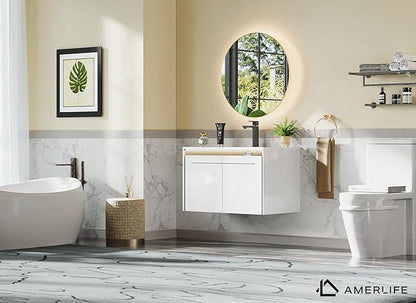 AMERLIFE 31" LED Floating Bathroom Vanity with Single Sink, Modern High Gloss Wall Mounted Bathroom Storage Cabinet with Metal Handles, White