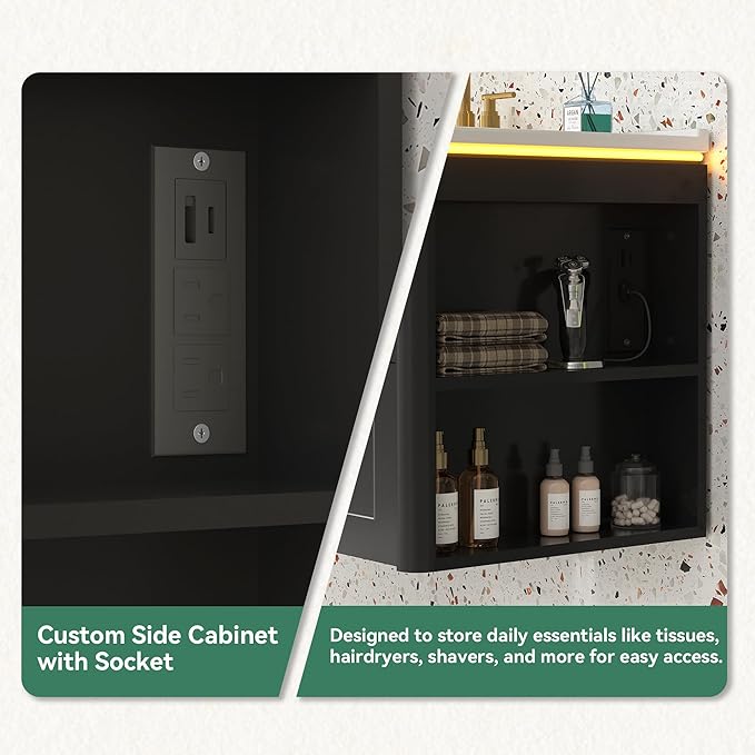 36 inch Floating Bathroom Vanity with Sink, Soft-Close Storage Cabinet and 2 Drawers, Wall-Mounted Modern LED Bathroom Cabinet with Ceramic Integrated Sink, Black