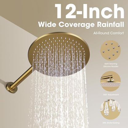 TRUSTMI 12" Pressure Balance Rain Shower System with Handheld, Brushed Gold | Rain shower faucet with cUPC valve and handheld spray. Prevents scalding, ideal for safe modern bathroom upgrades