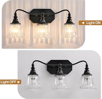 Bathroom Vanity Black Vintage Light Fixture, 3 Lights Bathroom Lighting Matte Antique Brass Finish with Crystal Glass Shade, Black Vintage Vanity Light for Bathrooms