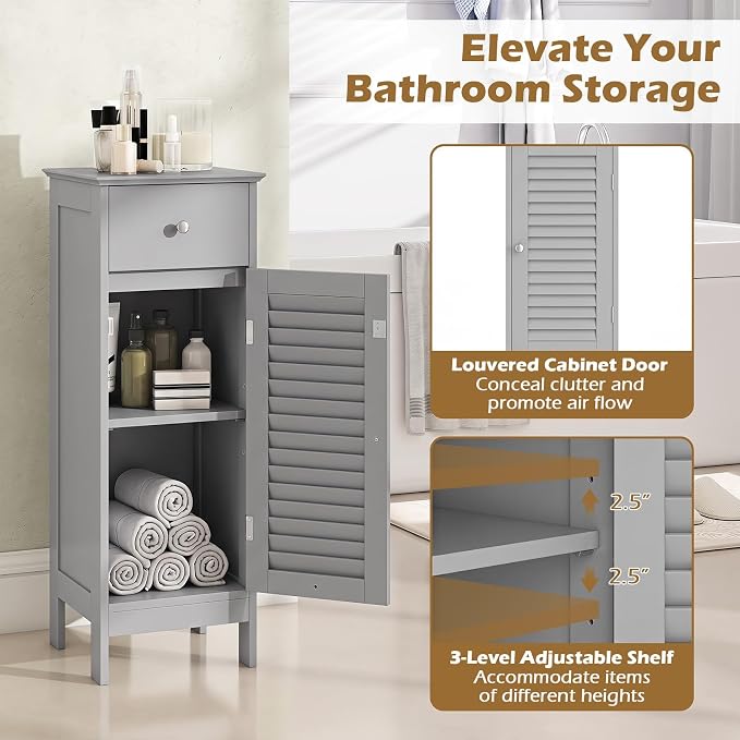 GIANTEX Bathroom Floor Storage Cabinet with Door and Drawer, Grey | Freestanding Side Cabinet with 3-Height Adjustable Shelf, Slim Cupboard, Storage Organizer Cabinet for Bedroom Living Room