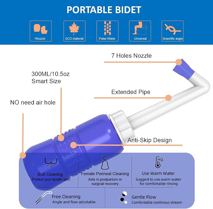 2 Pack 300ML Portable Bidet, Blue & Pink Handheld Travel Bidet Sprayer, Leak-Proof Upside-Down Squeeze Design for Postpartum Care, Menstrual Hygiene, Adults & Kids, Home/Travel/Outdoor/Camping