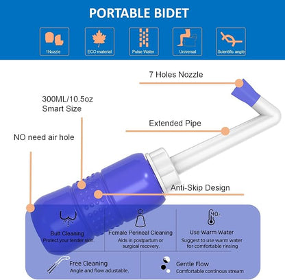2 Pack 300ML Portable Bidet, Blue & Pink Handheld Travel Bidet Sprayer, Leak-Proof Upside-Down Squeeze Design for Postpartum Care, Menstrual Hygiene, Adults & Kids, Home/Travel/Outdoor/Camping