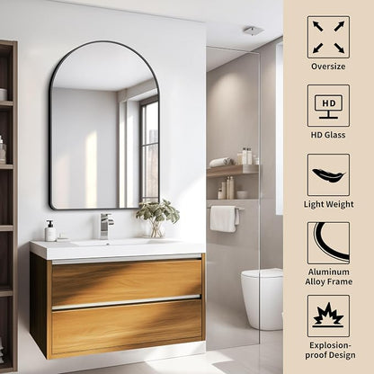 FORBATH Arched Bathroom Mirror 26x38 Inch, Bathroom Mirror Wall Mounted Modern Black Aluminum Alloy Frame Decor Dresser Mirror for Bedroom Living Room Entryway, Hanging or Leaning Against Wall