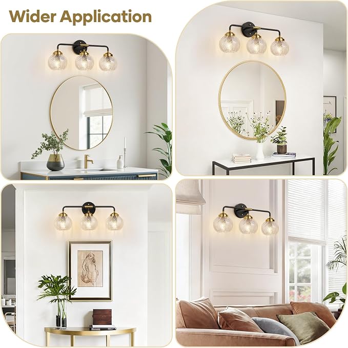 MOKATNG Bathroom Light Fixtures, 3-Light Clear Vanity Lights with Unique Leaf Texture Glass Shade, Modern Matte Black and Gold Bathroom Wall Lamp for Mirror Hallway Cabinet Living Room