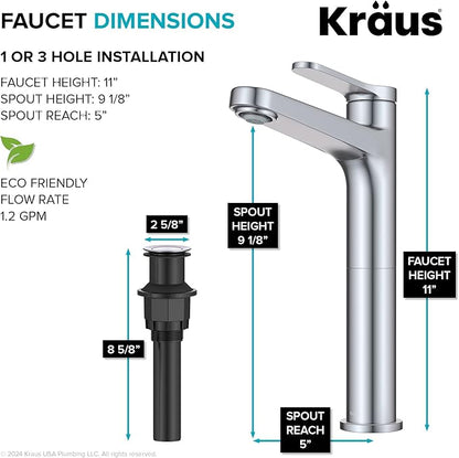 KRAUS Indy Bathroom Faucet for Vessel Sink in Chrome with Single Handle, Pop Up Drain and Supply Lines, KVF-1410CH