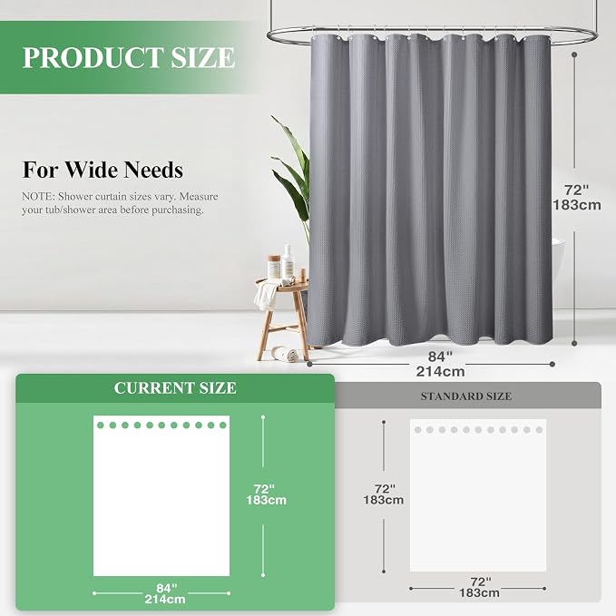Extra Wide Waffle Shower Curtain 256 GSM Fabric 84x72 Grey/Gray | 84 Inch Wide, Thick Cloth, Weighted Hem, Water Repellent, Hotel Luxury Polyester Shower Curtain Set for Bathroom 14 Hooks