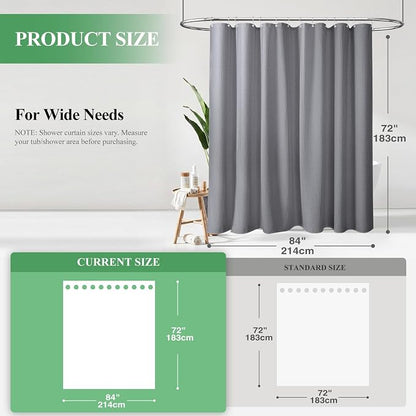 Extra Wide Waffle Shower Curtain 256 GSM Fabric 84x72 Grey/Gray | 84 Inch Wide, Thick Cloth, Weighted Hem, Water Repellent, Hotel Luxury Polyester Shower Curtain Set for Bathroom 14 Hooks