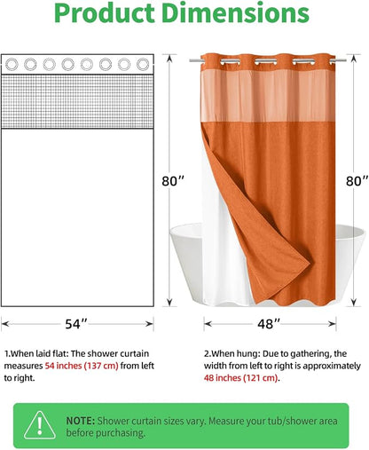 eachope No Hook Fabric Shower Curtain with Snap-in Liner,54x80 Burnt Orange | Linen Texture,230GSM Thick Fabric,Hotel Luxury Decor,Mesh Window,Waterproof & Machine Washable,for Shower Stall or Bathroom