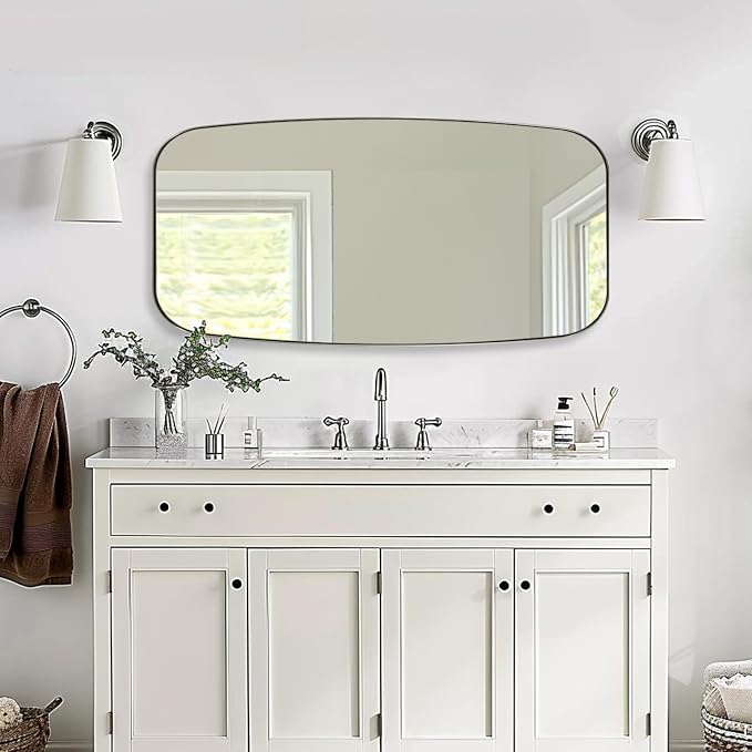 Brushed Nickel Bathroom Mirror, 24x48 Oblong Mirror with Stainless Steel Metal Frame, Silver Oval Vanity Mirror for Over Sink, Modern Anti Rust Wall Mounted