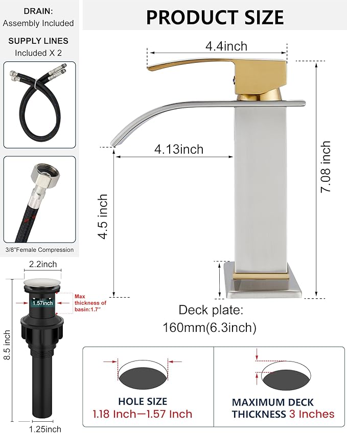 Midanya Bathroom Faucet with Waterfall Spout, Single Hole or 3-Hole Deck Mount, 304 Stainless Steel Sink Faucet with Pop-Up Drain, RV Vanity Compatible,Brushed Gold Handle/Brushed Nickel