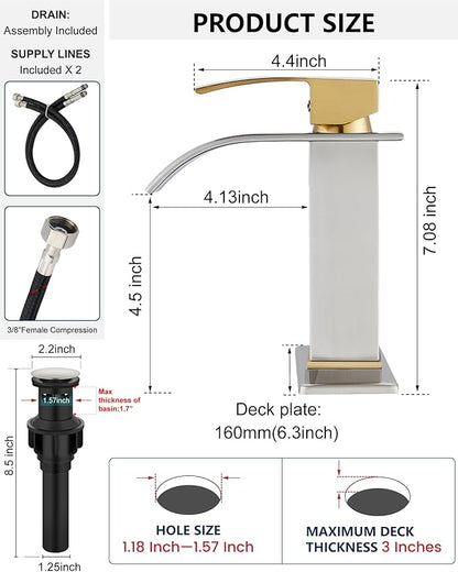 Midanya Bathroom Faucet with Waterfall Spout, Single Hole or 3-Hole Deck Mount, 304 Stainless Steel Sink Faucet with Pop-Up Drain, RV Vanity Compatible,Brushed Gold Handle/Brushed Nickel