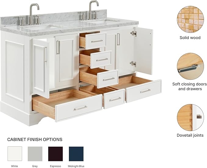 ARIEL Stafford 60-inch Bathroom Vanity with Sink,Solid Wood, 1.5-inch Italian Carrara Marble Countertop, Double Rectangular Porcelain Sink, 4 Soft Closing Doors, 6 Dovetail Drawers, White