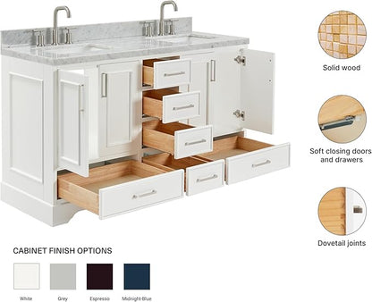 ARIEL Stafford 60-inch Bathroom Vanity with Sink,Solid Wood, 1.5-inch Italian Carrara Marble Countertop, Double Rectangular Porcelain Sink, 4 Soft Closing Doors, 6 Dovetail Drawers, White