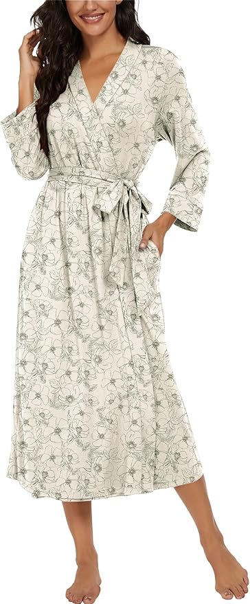 VINTATRE Women Kimono Robes Long Knit Bathrobe Lightweight Soft Knit Sleepwear V-neck Casual Ladies Loungewear