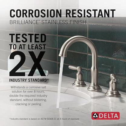 Delta Roe Brushed Nickel Bathroom Faucet 3 Hole, 8 Inch Widespread Bathroom Sink Faucet for Vanity, Push-Pop Drain Assembly, Stainless 35985LF-SS