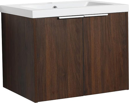 SSLine Wall Mounted Bathroom Vanity with Sink Combo Modern 24-Inch Single Bathroom Vanity Set with Top Basin &Storage Cabinet Wood Hanging Bath Cabinet w/Resin Sink for Small Space(Dark Walnut)