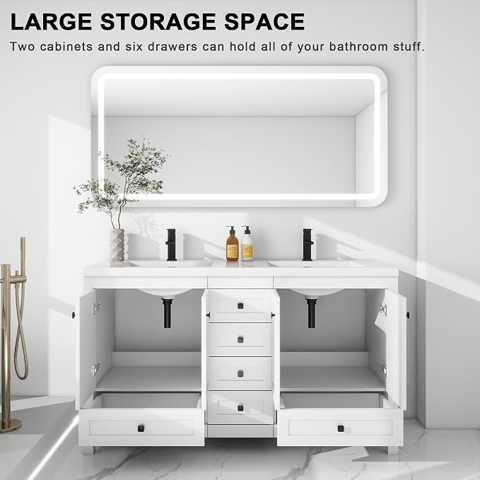 LUCKWIND 60" Bathroom Vanity and Sink Combos, Modern Bathroom Storage Painted Cabinet with Undercounter Resin Dual Sink Top, Matte Black Faucet and 6 Drawers, Mirror Not Included, White