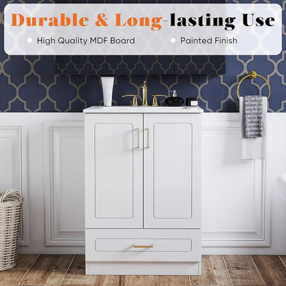 DUMOS 24'' Modern Bathroom Vanity Cabinet, Freestanding Bathroom Storage | Set with Smooth Ceramic Undermount Sink Basin, 2 Cabinet Doors and 1 Drawer Design, Easy Assmble Furniture, No Faucet, Ivory