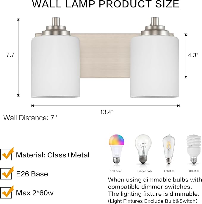 SOLFART Brushed Nickel 2 Light Vanity Lights for Bathroom, Milky Glass Shade Vintage Wall Sconce, Modern Bathroom Light Fixture Over Mirror, Easy to Install High-End Vanity Light (Bulbs Not Included)