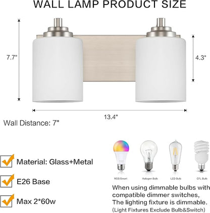 SOLFART Brushed Nickel 2 Light Vanity Lights for Bathroom, Milky Glass Shade Vintage Wall Sconce, Modern Bathroom Light Fixture Over Mirror, Easy to Install High-End Vanity Light (Bulbs Not Included)
