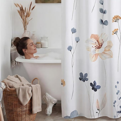 No Hook Floral Shower Curtain with Liner, Blue Beige, 71x74 | Snap in Liner, 3 in 1, Water Repellent, Easy Install, Machine Washable, Hotel Style for Bathroom, Watercolor Pattern